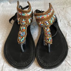 Hand Beaded Leather Thong Tie Back Sandals 10